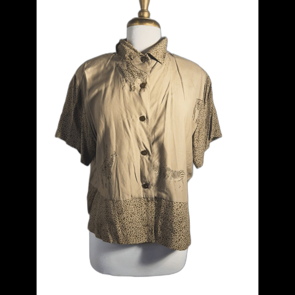 Ilyse Hart Blouse Size M Vintage 90's Safari Print Boho Chic Indie Sleaze Top